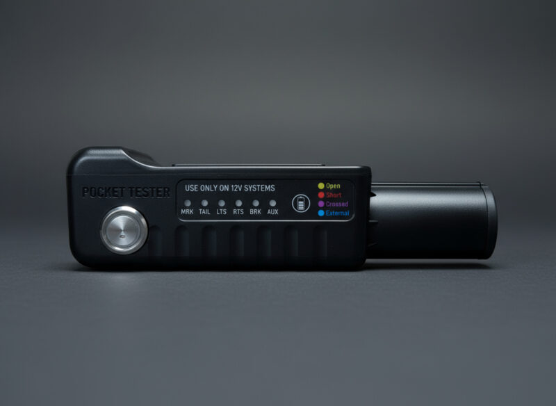 Pocket Tester side profile showing LED indicators and power button
