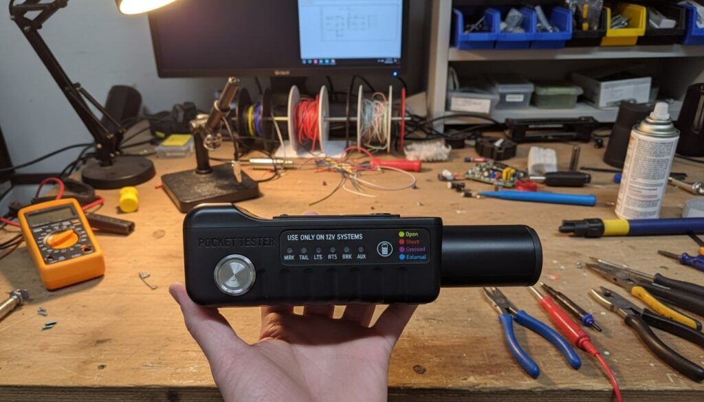 Hand holding the Merlos Pocket Tester on a workshop bench, a compact 7-way trailer circuit tester.